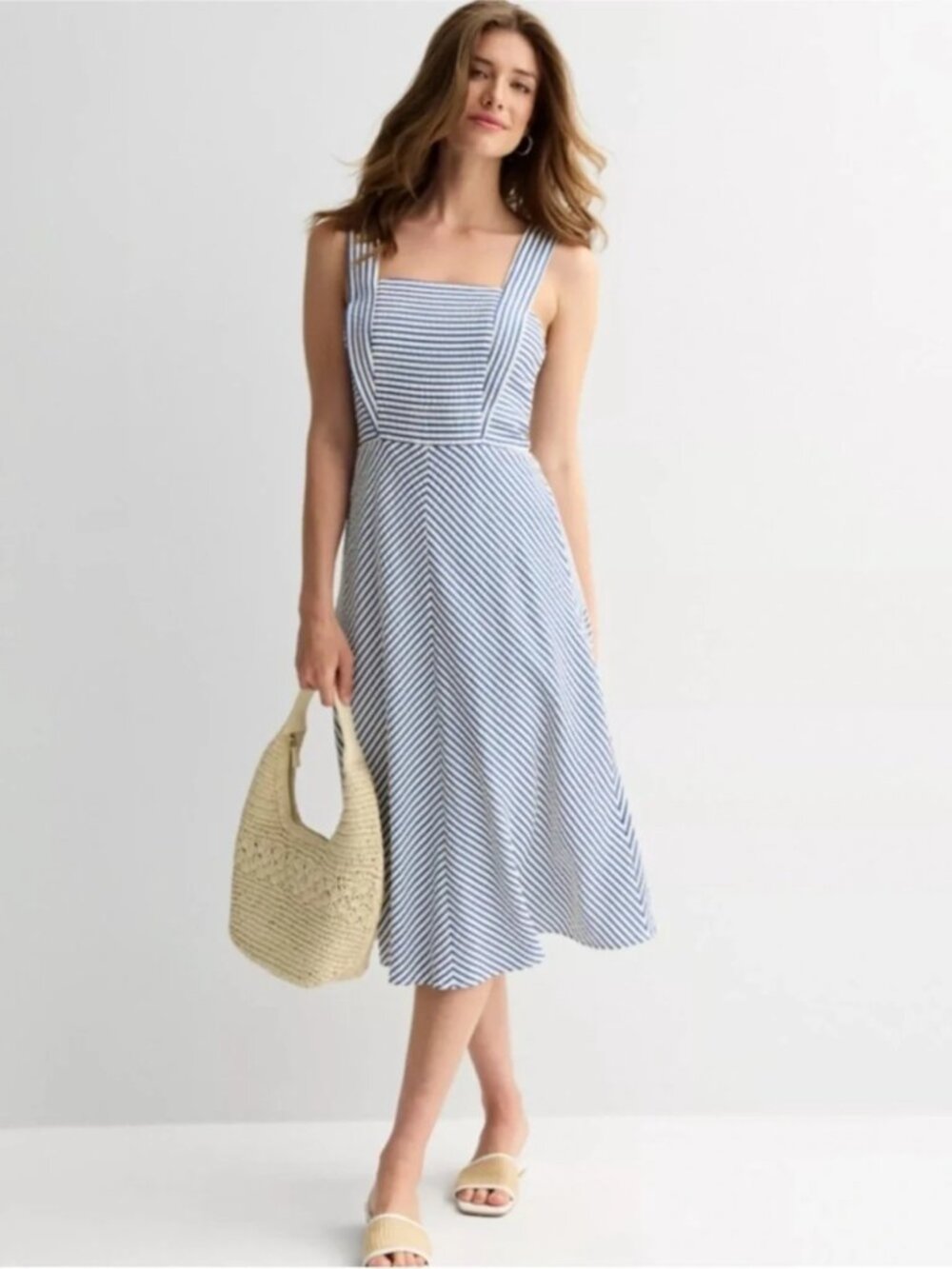 Draper James Blue & White Striped A-Line Midi Dress Nautical Sleeveless Size S